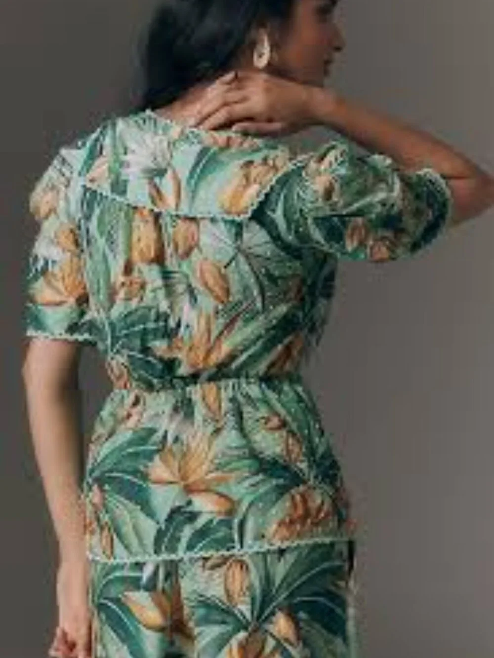 Farm Rio Anthropologie Puff-Sleeve Babydoll Blouse in Green Pattern Sz XS NWT